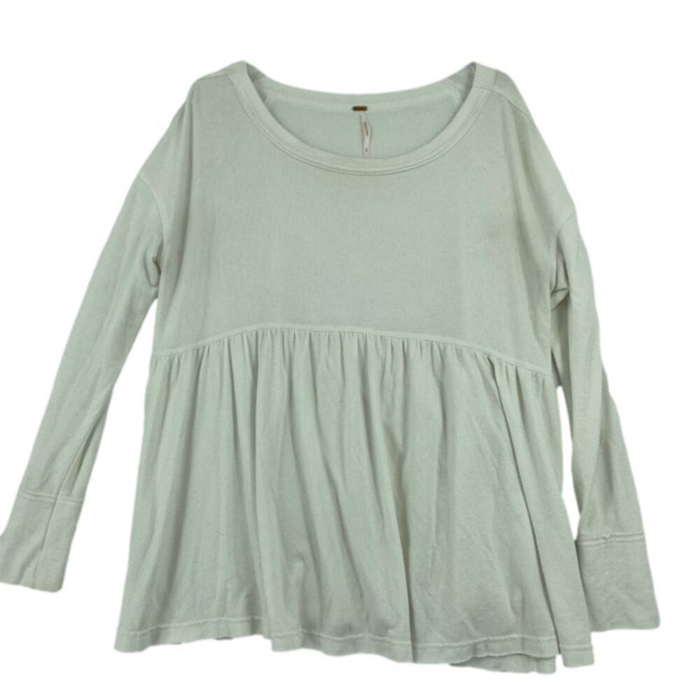 Free People Peplum Blouse Top Size S White Oversized Stretch Raw Hem Long Sleeve